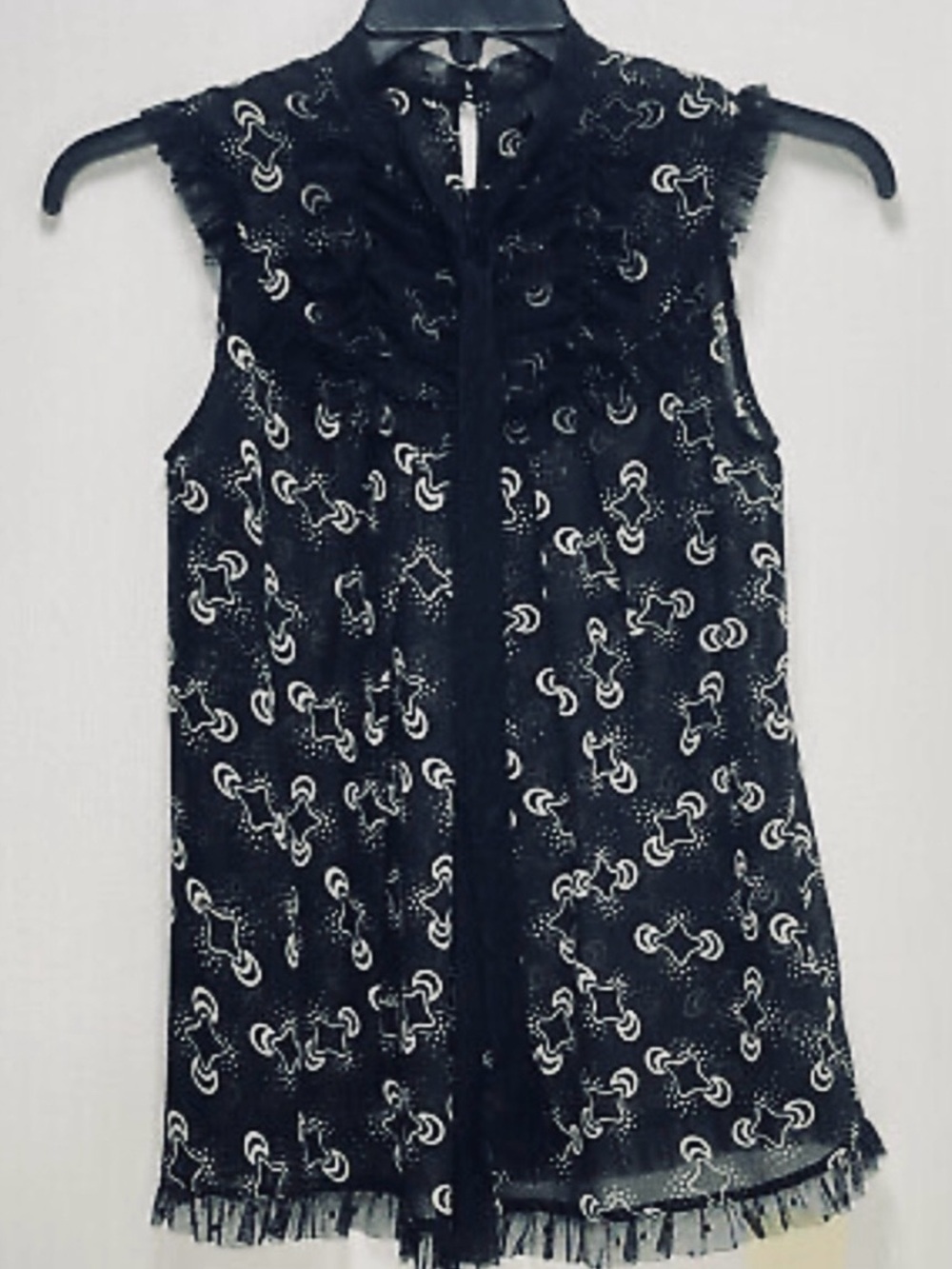 Anna Sui Black & White Sleeveless Ruffle Blouse